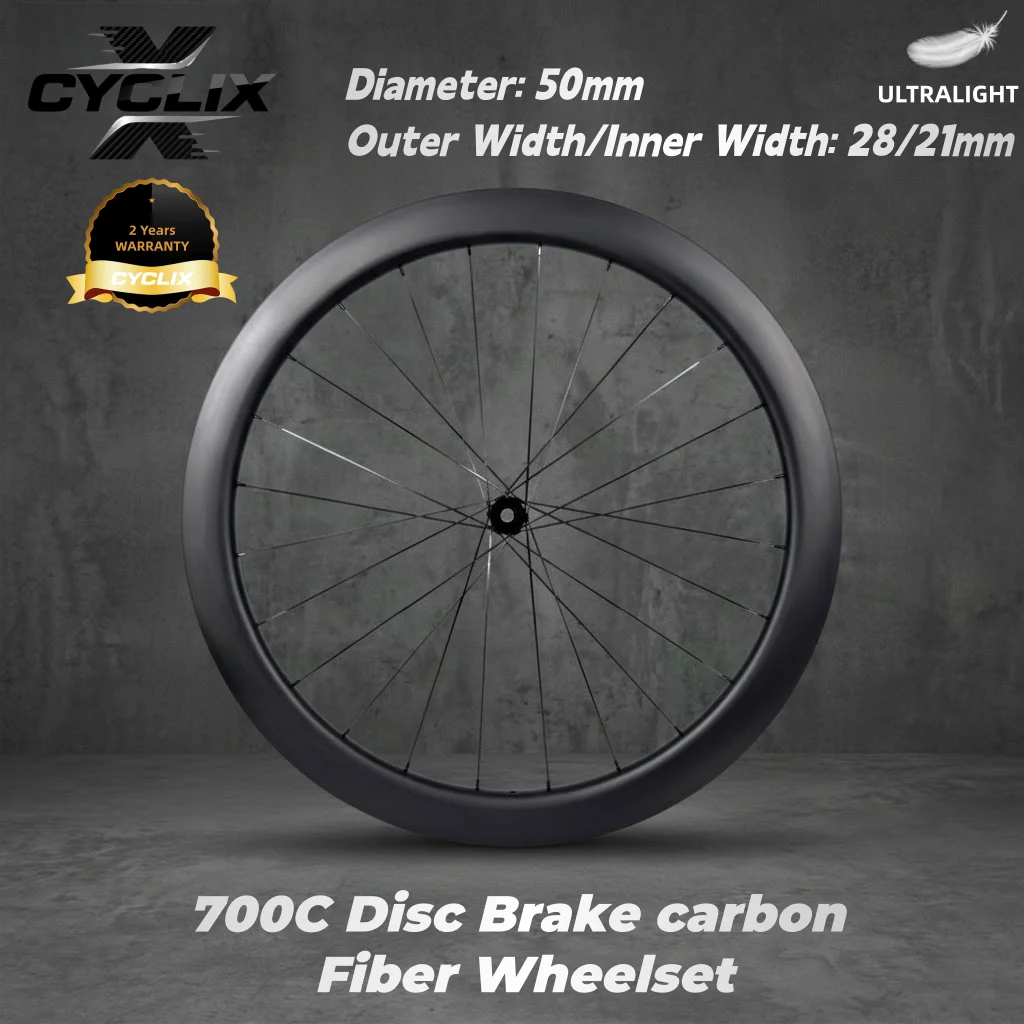

Light Carbon 700C Road Disc Brake 50mm Depth 28/21mm Width Carbon Fiber Wheel Set 36T Ratchet Structure Hub Road Racing Wheelset