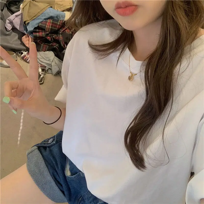 

Women Short Sleeved T-shirt Pure Cotton Top Korean Round Neck White Loose and Versatile College Style New Seasonal