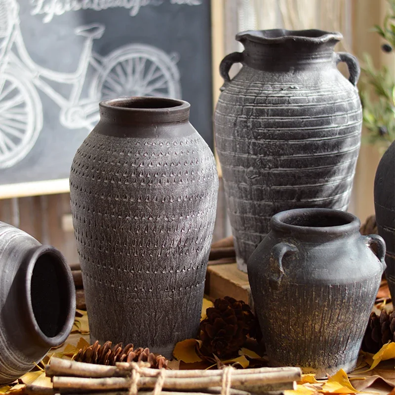 Hand-made pottery POTS coarse pottery vases dry flower arrangements flower POTS retro decoration clay pottery jars antique