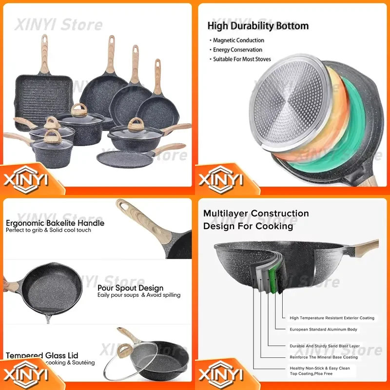 for JEETEE OEM 23pcs Die Cast Aluminum Cookware Sets Nonstick Granite Coating Cooking Pot Set