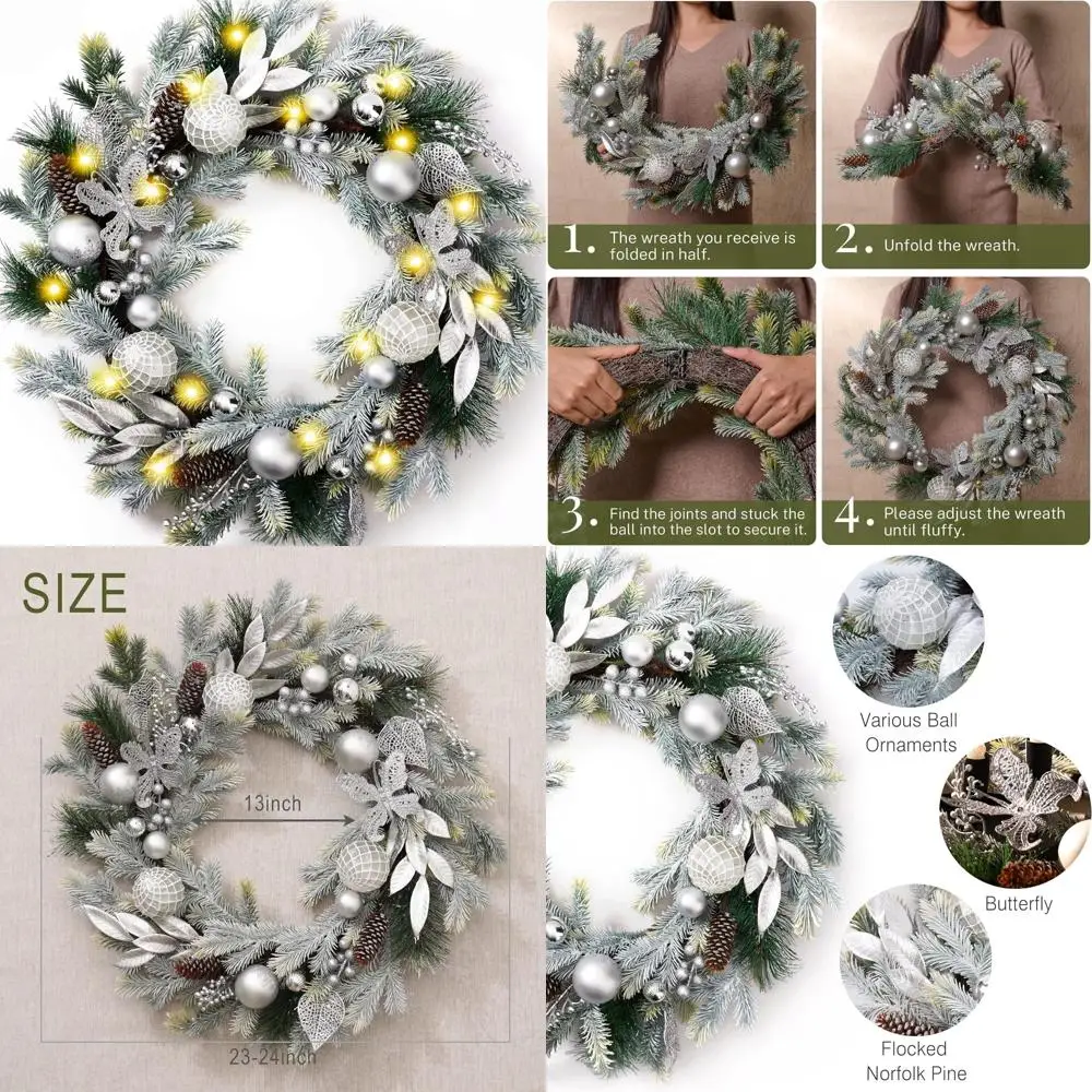 

Большой 24-светящийся рождественский венок с подсветкой и украшениями для входной двери, праздничные украшения с серебряной подсветкой