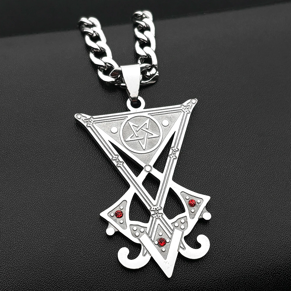Sigil Church of Satan Inverted Pentagram Pendant Necklace Stainless Steel Seal of Lucifer Devil Symbol Red Rhinestones Jewelry