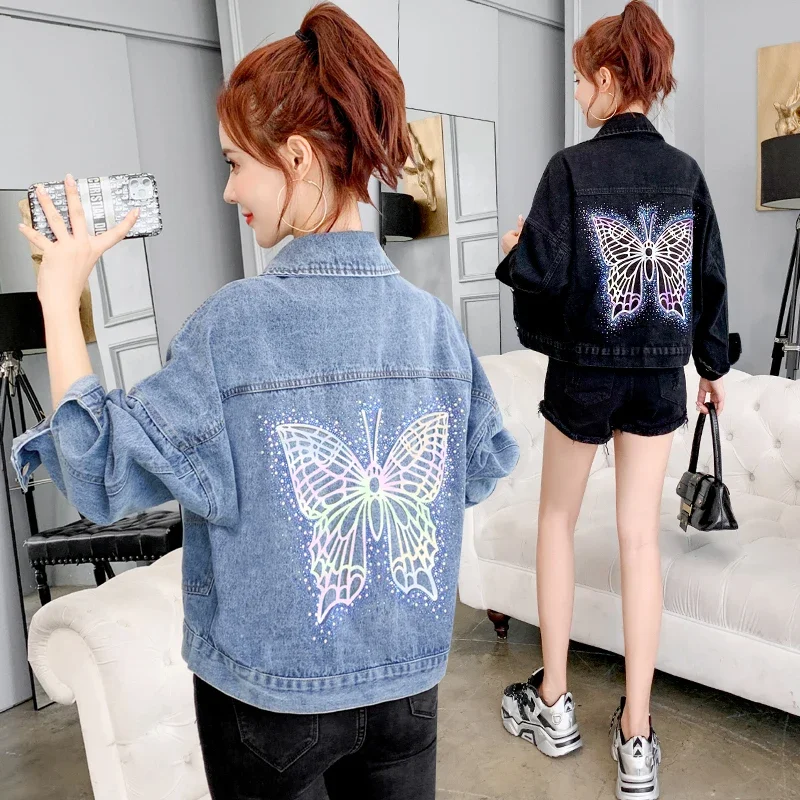 Butterfly Pattern Blue Jean Jacket Coat Women Korean Loose Lapel Batwing Sleeve Black Jacket Spring