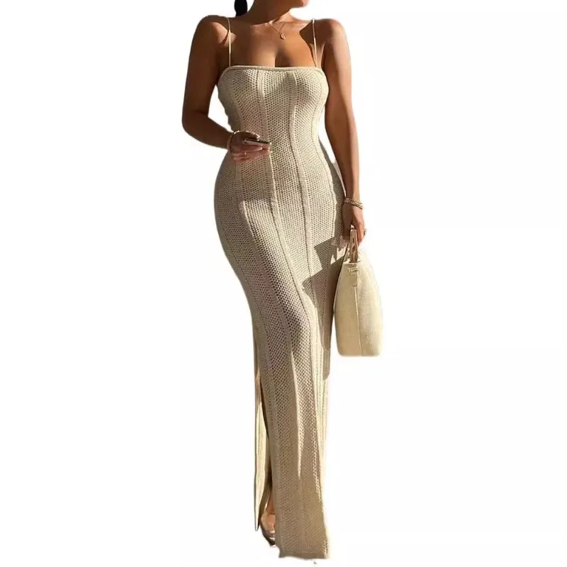 Wiosenna i letnia nowa dzianinowa sukienka sweterkowa seksowna czysta wiatr Spice Girl Halter pasek do pończoch długie sukienki dla kobiet