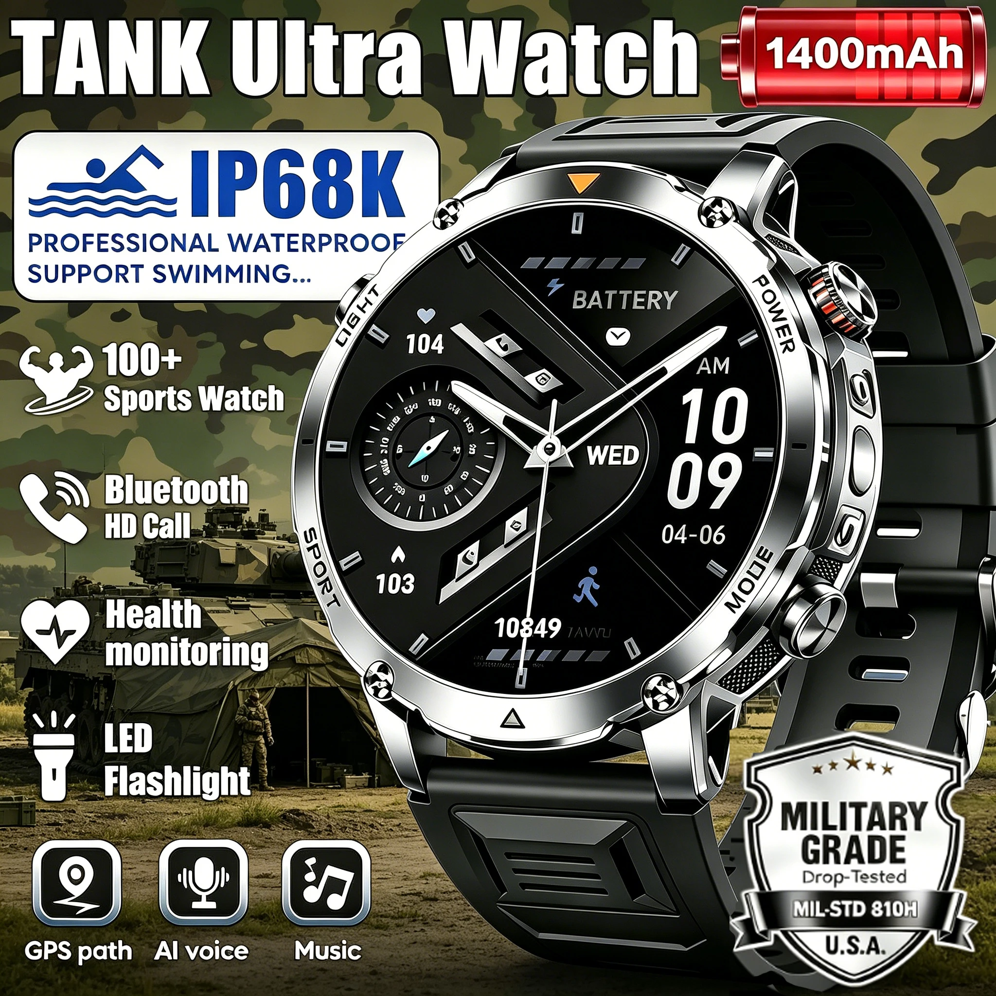 

2026 New GPS path AK106 Pro 1400mAh Battery Smart Watch IP68 Waterproof Sports Run tracker Outdoors Compass Military Smartwatch