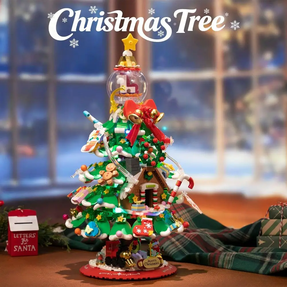LEDライト付きクリスマスツリーの積み木、ビンテージの電車、雪だるま、ジンジャーブレッドハウス、ミニオーナメント付き - すべてのA向けの祝祭装飾