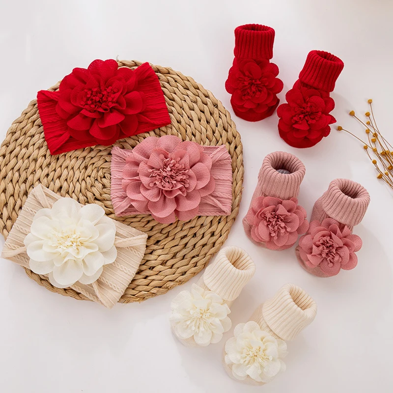 2PCS/Set Big Flower Baby Headband Anti-Slip Socks Solid Color Elastic Kids Hairbands Soft Knit Floor Socks Newborn Gifts
