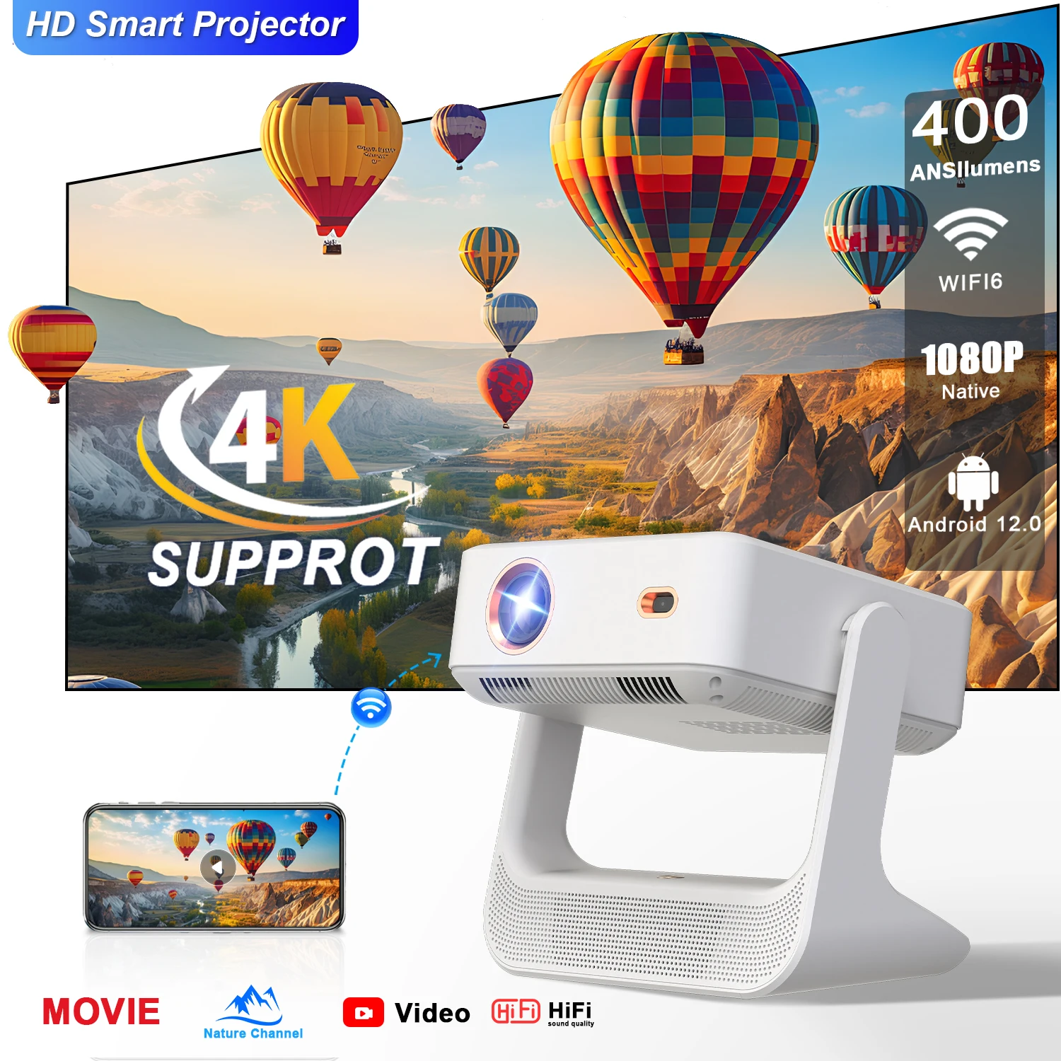 Proyector, Proyector WiFi Inteligente 4K 1080P, HDMI USB, Perfecto para Viajes, Aula y Juegos FIFA con Amigos