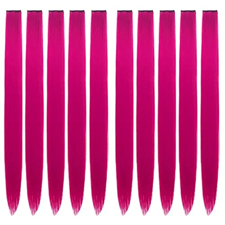 Hair Extension Clips for Party Use, Synthetic Fiber, Fuchsia, 20 Inch Straight, 10pcs