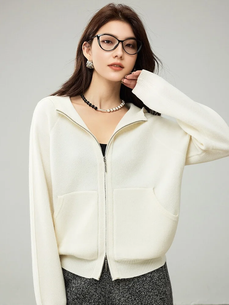 SuyaDream, Hooded Cardigans For Woman, 100%Merino Wool, Cozy Sweaters, 2025 Fall Winter Jackets, White, Grey