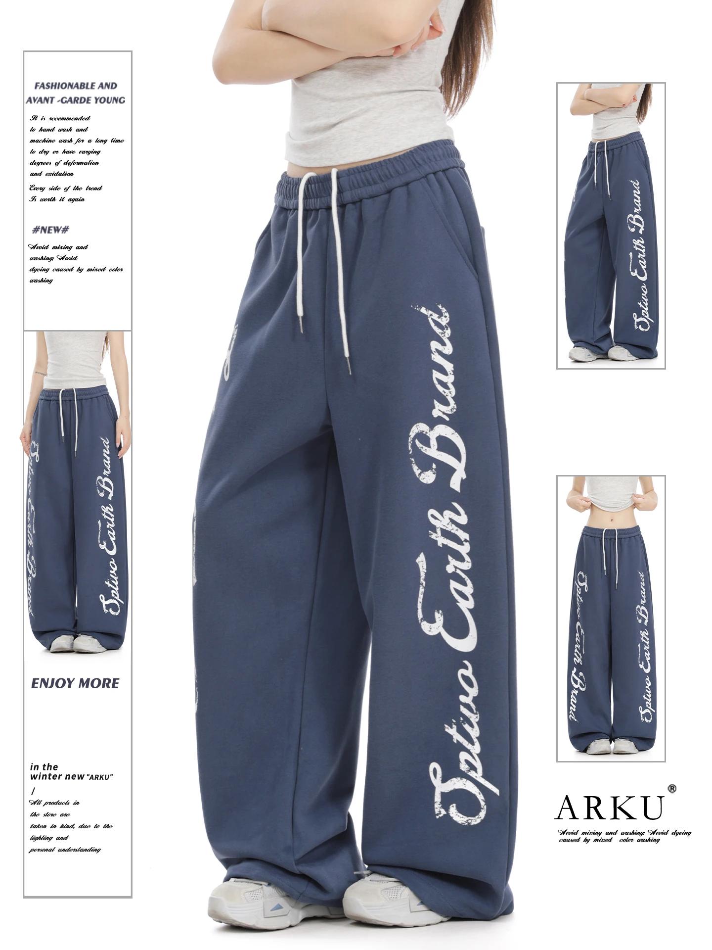 American Retro Letter Print Loose Women's Sports Sweatpants Straight Leg Casual Pants Drawstring Wide Leg Pants