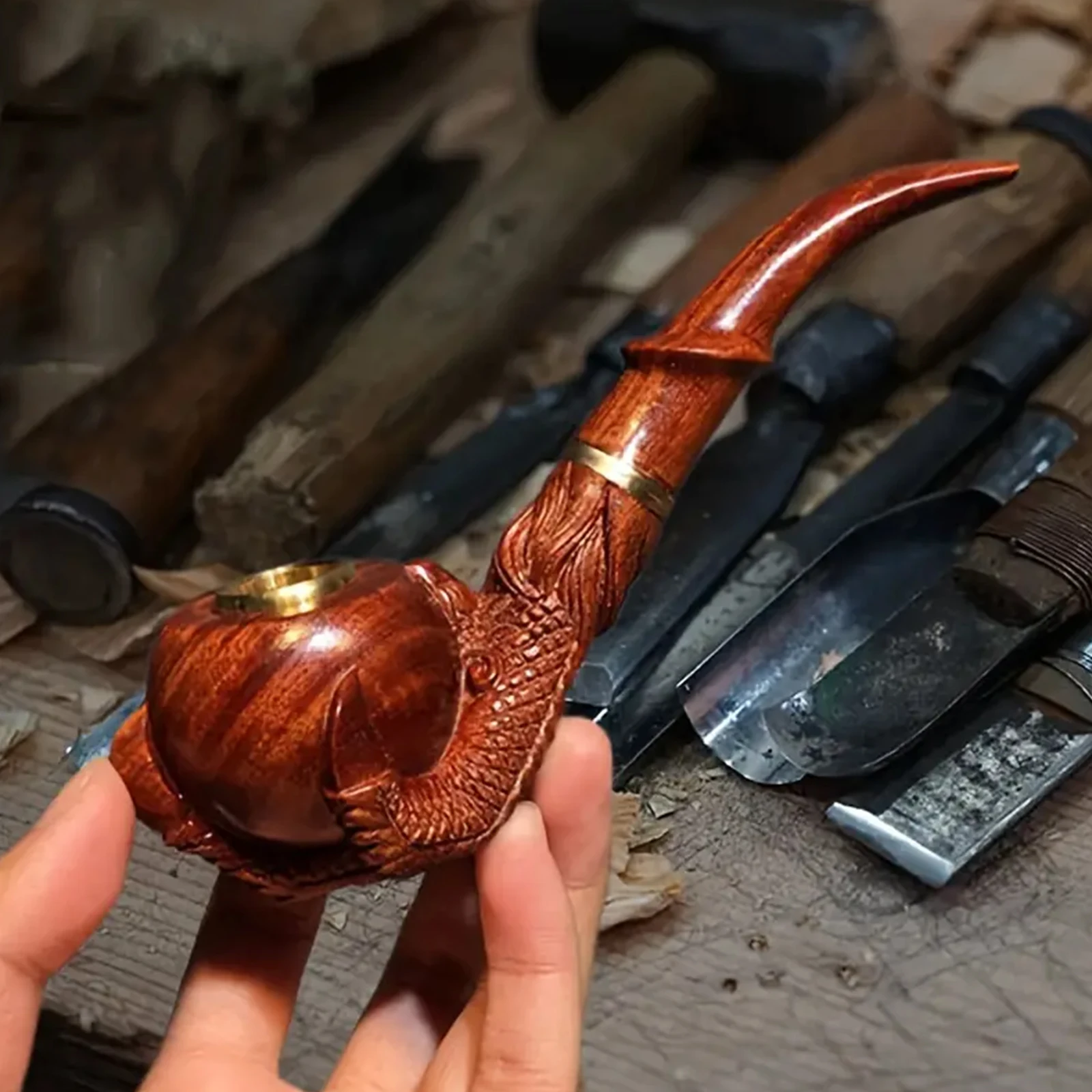 1pc Tobacco Pipe Dragon Claw Handmade Solid Wood Pipe Pot Filter High-grade Carved Small Leaf Red Sandalwood Men\'s Gift