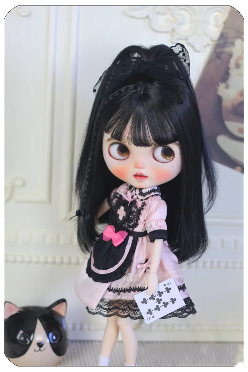 Blythe wig size high temperature silk mid-length braid bow ultra-thin bangs pear flower wig doll accessories