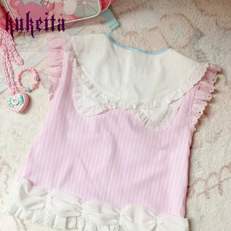 Kukeita Harajuku Girls Sweet Pink Cute Lolita T-shirt Women Y2k Aesthetic Bow Cake Lace Short Sleeve T Shirt Japanese Kawaii Top