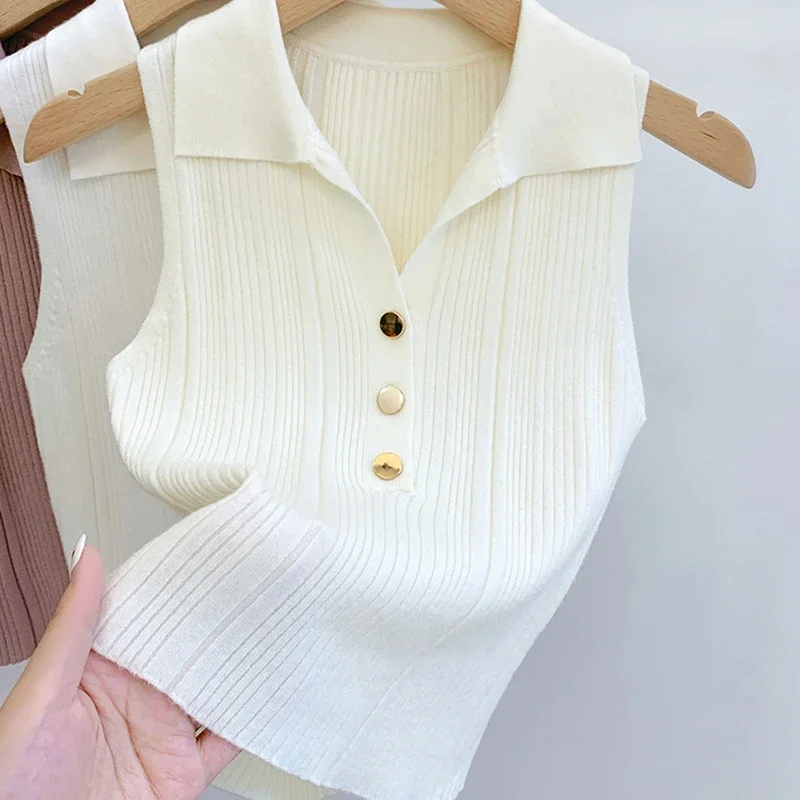 Winter Korean Fashion Sleeveless Sweaters Casual Simple Pullover Vest Casual Sexy Commuting Sweet Button Lapel Vest For Women