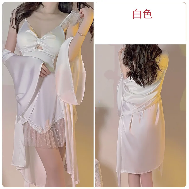 2 Pieces Women Robe Set Lace Sleepwear Nightdress Loungewear Summer Kimono Gown Sleep Suit Satin Bathrobe Nightgown Homewear