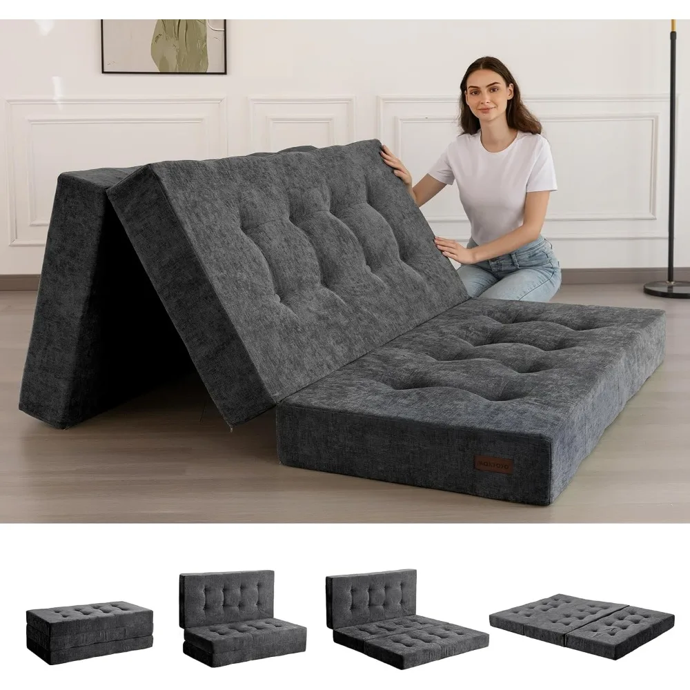 MAXYOYO Tri-Fold Mattress, 6 Inch Tufted Folding Mattress with Chenille Fabric, Portable Full Size Floor Guest Mat for Adults, F