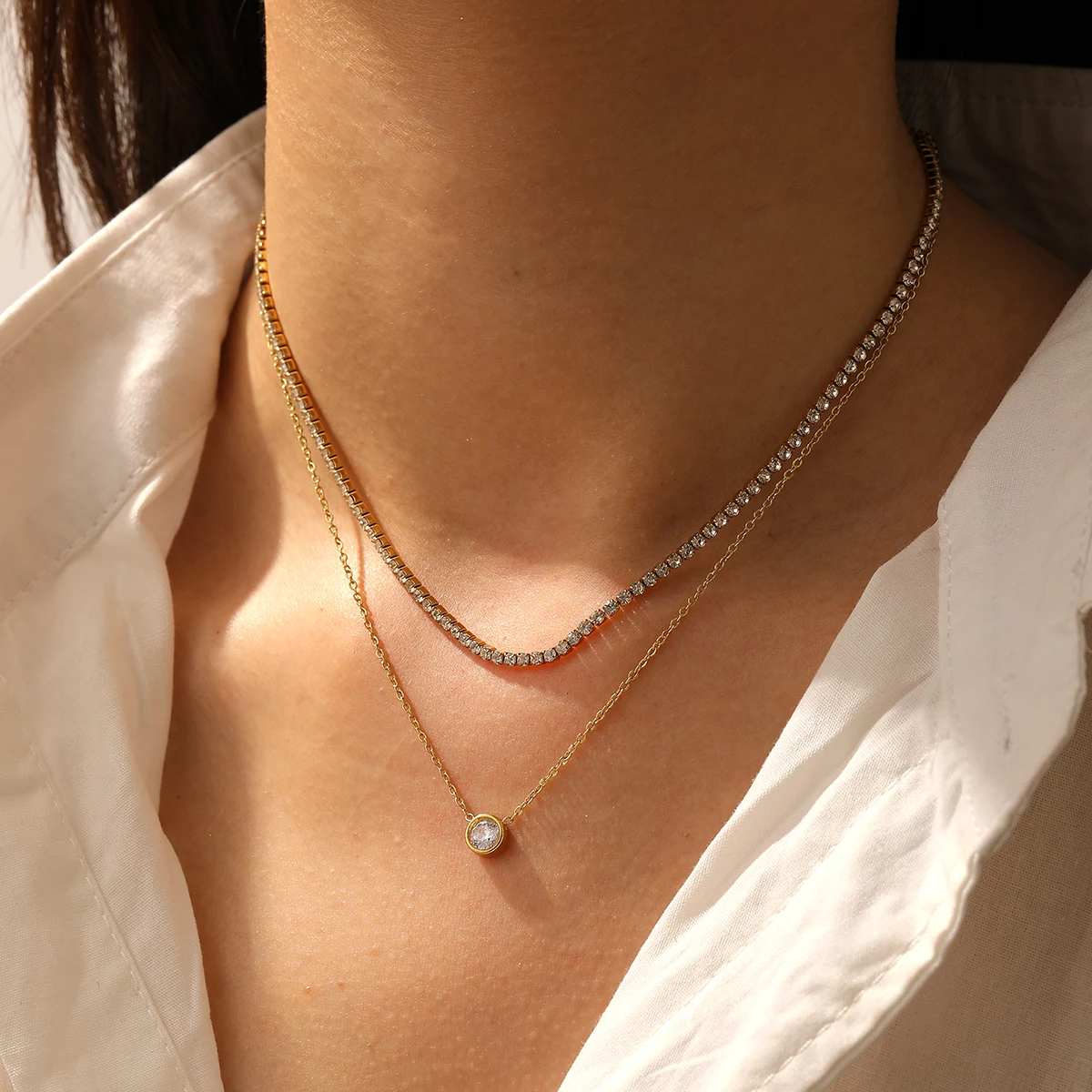 Edelstahl Goldene Herz-Zirkon Doppelschichtige Halskette Damen Neue Mode Wasserdichte Halskette Schmuck Geschenk