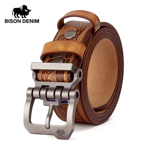 BISON DENIM cinturón de cuero genuino para hombre, correa de cintura Vintage de alta calidad, hebilla de Pin de lujo, el mejor regalo, cinturones casuales para pantalones vaqueros