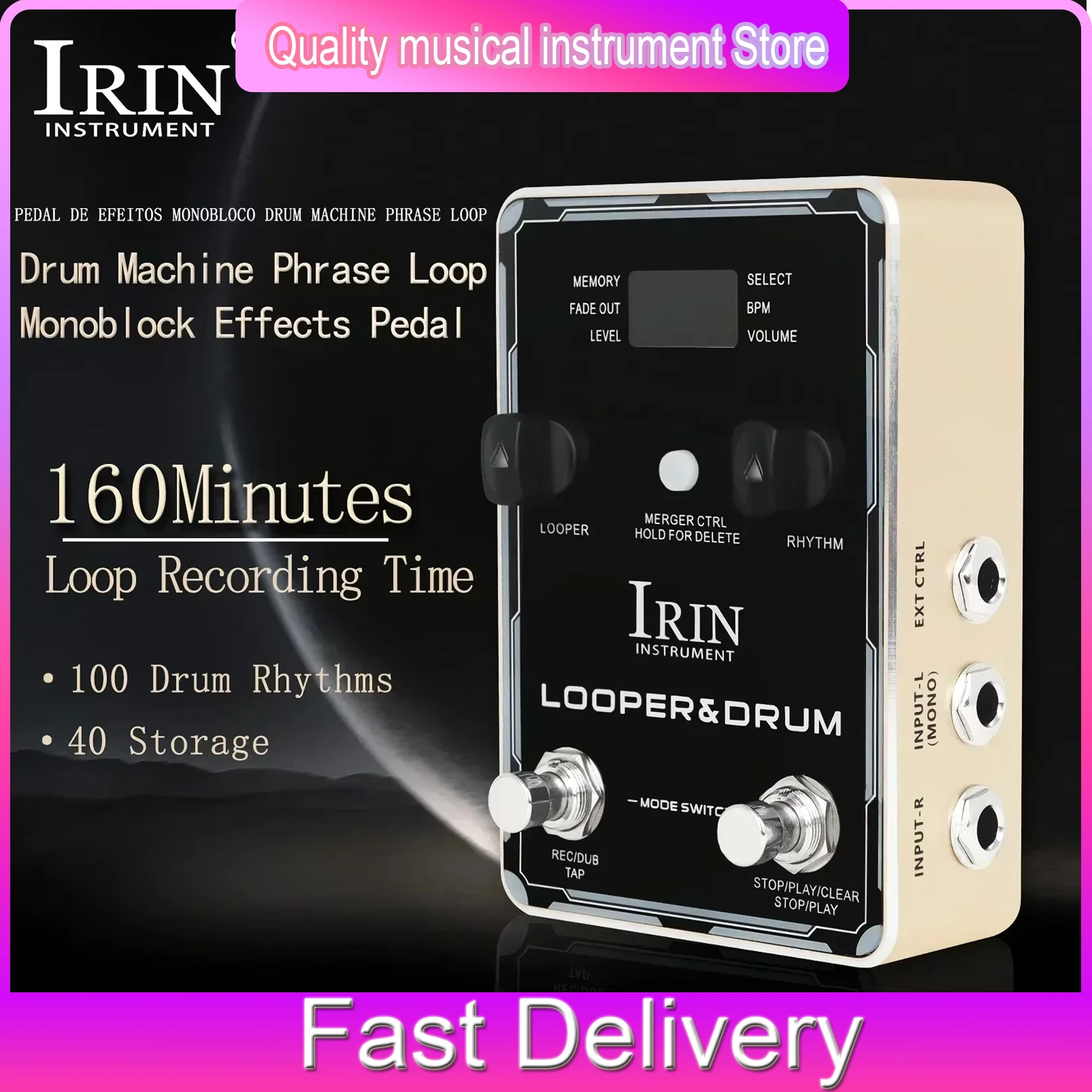 IRIN Guitar Effect Drum Machine Phrase Loop Monoblock Effects Pedal 100 Drum Rhythms 10 Metronomes 40 Storage Guitar Accessories