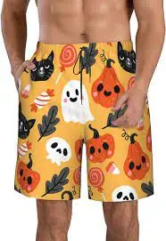 

Men's Hawaiian style beach shorts with pumpkin pattern at the bottom for running, sports, swimming, and surfing