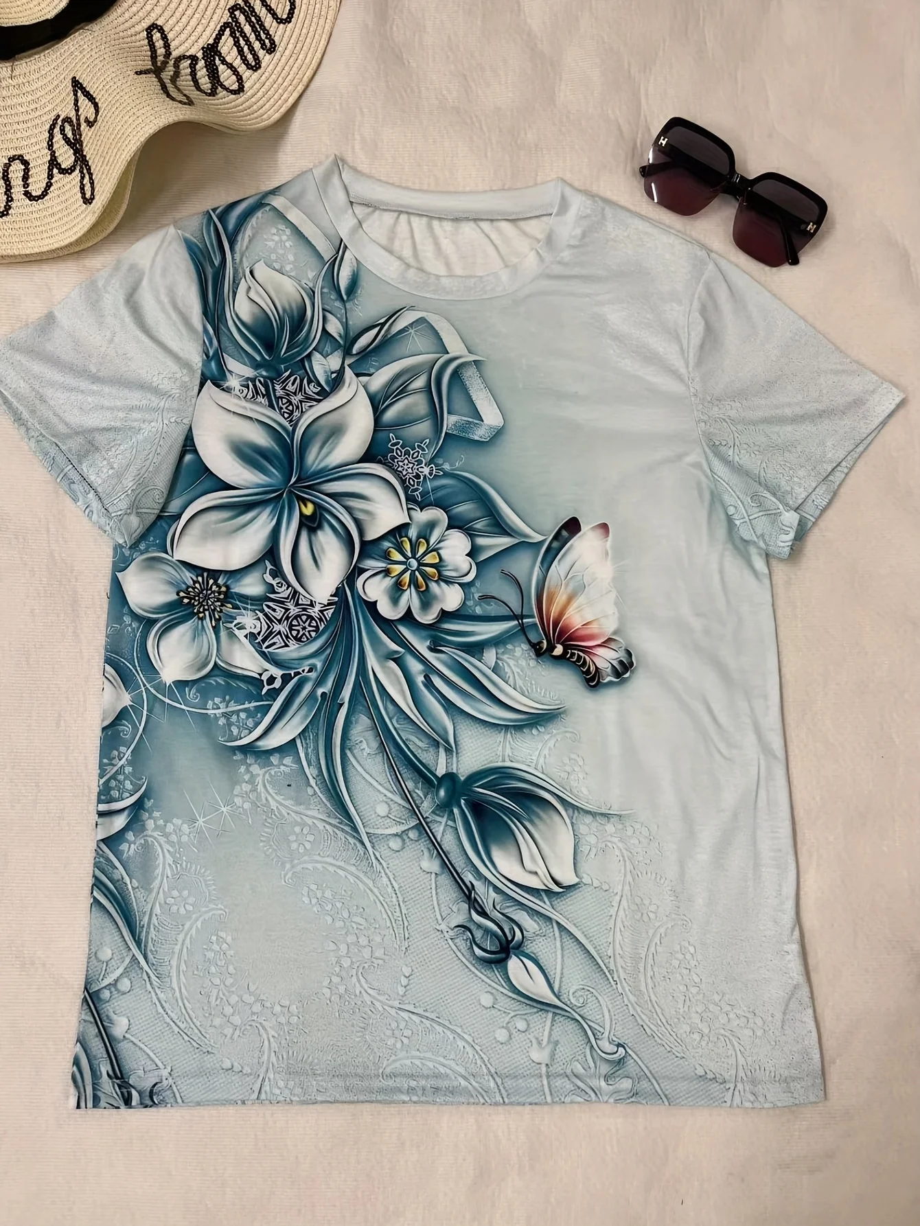 Plus Size Girls Vintage T-shirt Flower Printed T-shirt damski Prezent dla mamy Luźna koszulka z krótkim rękawem Topy Letnia koszula