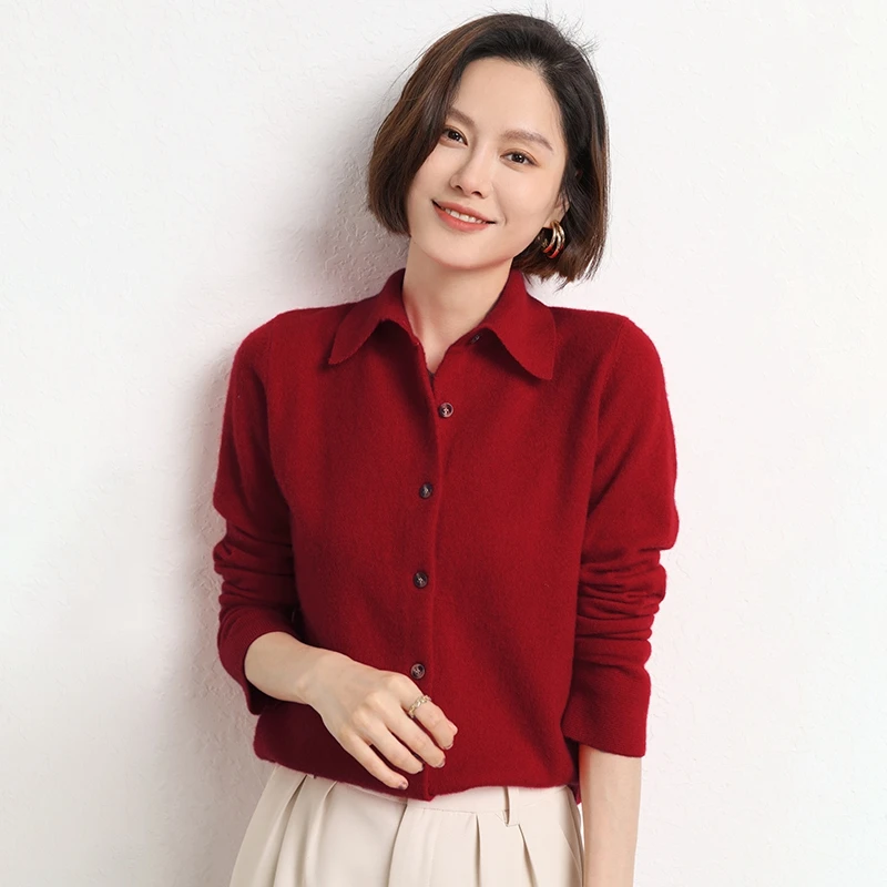 Otoño Invierno mujer suéter de mezcla de lana cuello Polo cárdigan a medida nueva moda Casual de punto chaqueta suave suelta parte superior inferior