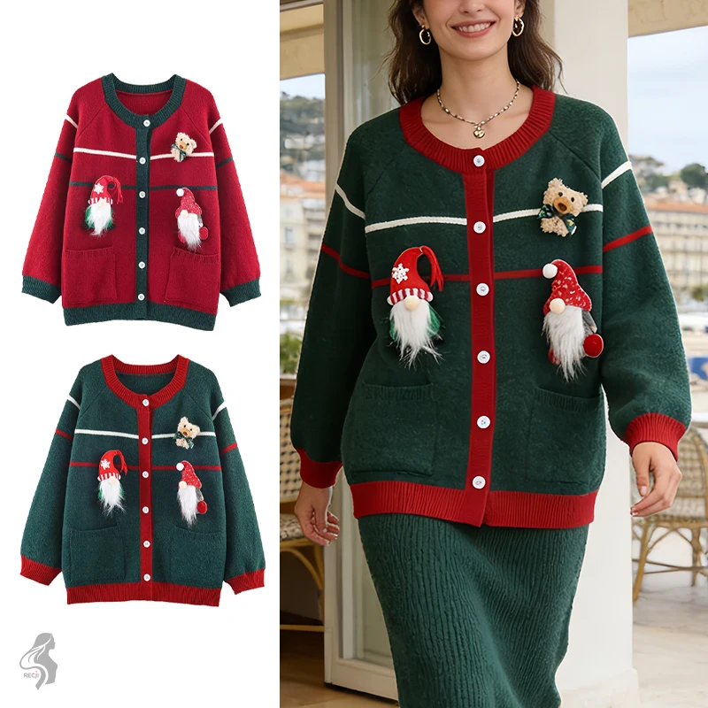 

Womens Christmas Knit Cardigan With Color Blocked Stripes And Bear Decorations Cute Casual Round Neck Jacket Women Winter Coats