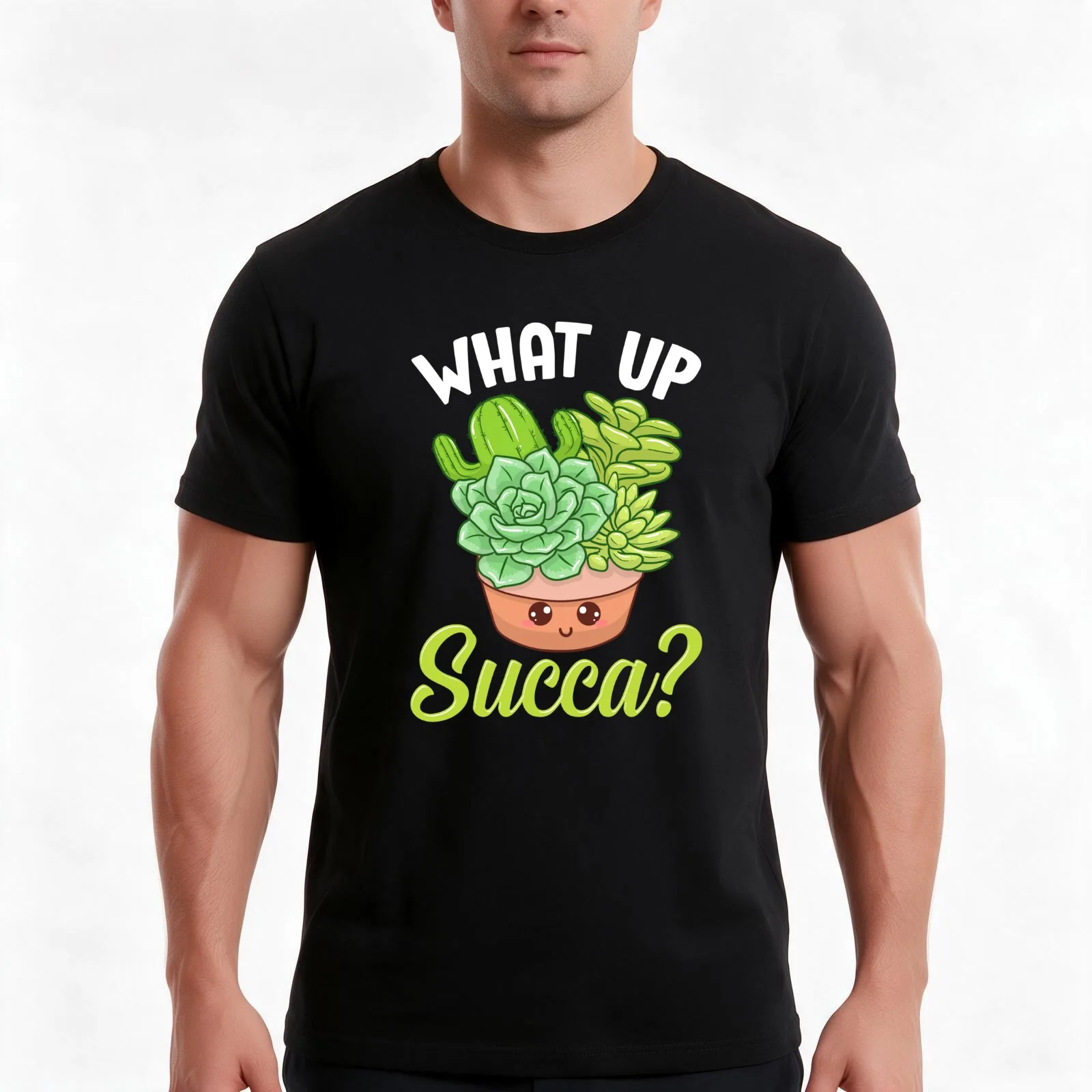 Funny What Up Succa? Punny Succulent Cactus Pun T-Shirt, Summer Casual Cotton Tee, Oversized Streetwear Tops, Unisex Men Women