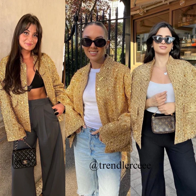Suninheart Women's Sequined Bomber Jacket Fall O Neck Long Sleeve Pocket Stretch Hem Sequins Jacket Coat Female Chic Outerwear