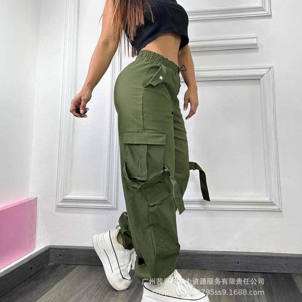 Mulheres simples bolsos laterais calças de carga ativa casual cintura elástica perna reta calças com punho moda verão