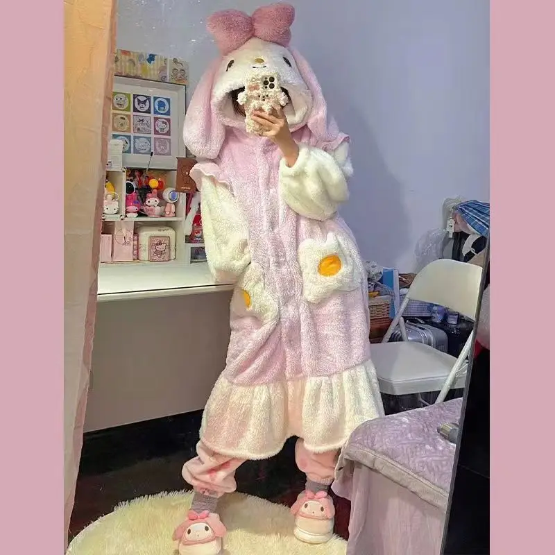 New Anime Pochacco Sanrio Kawaii Plush Pajama New Cute Winter Thickened Flannel Warm Homelike Hooded Bathrobe Set Birthday Gift