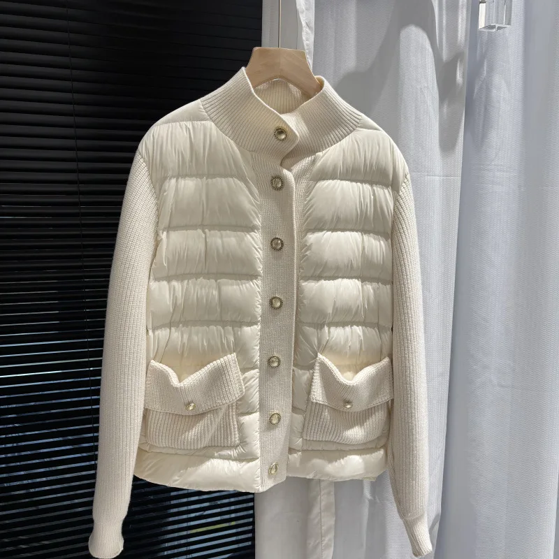 2026 Autumn/Winter New Arrival White Duck Down Button Simple Casual H-Shape Knit Patchwork Stand Collar Down Jacket Women's Coat