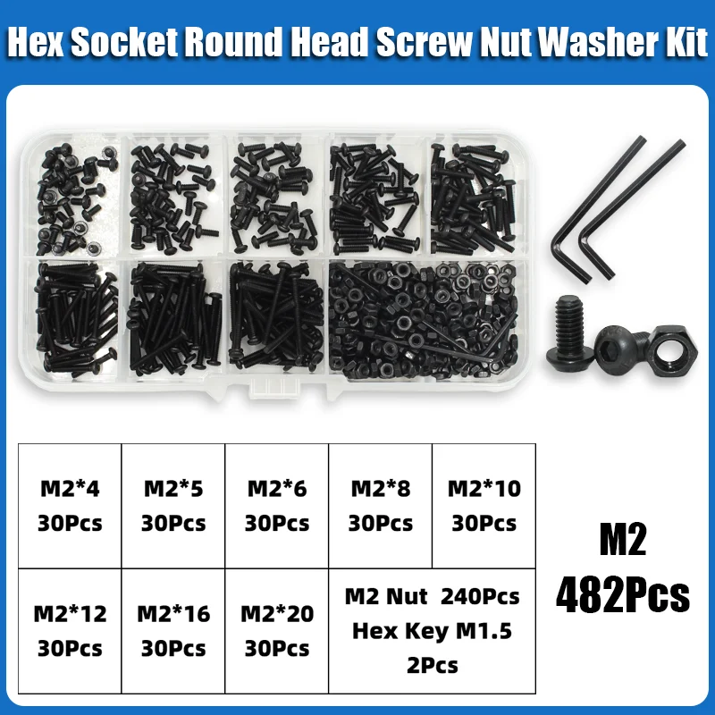 2510p Hex Hexagon Socket Bolkopschroef Kit M2 M2.5 M3 M4 M5 M6 Zwart 10.9 Kwaliteit Inbusschroeven Bouten met Moeren Ring ISO7380