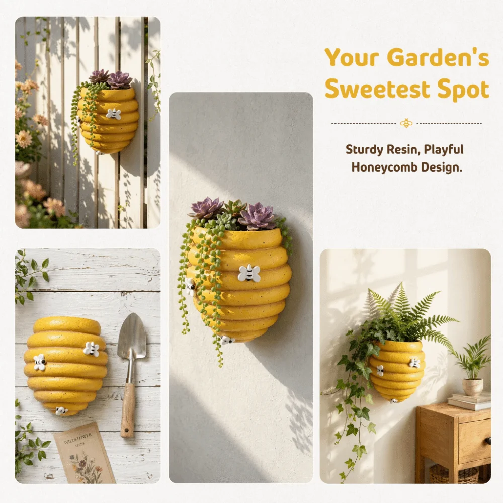 Garden Accessory Bee Embellishment Honeycomb Flower Pot Rustic Cartoon Hanging Vase Resin Wall Mounted Flower Pot Balcony Decor