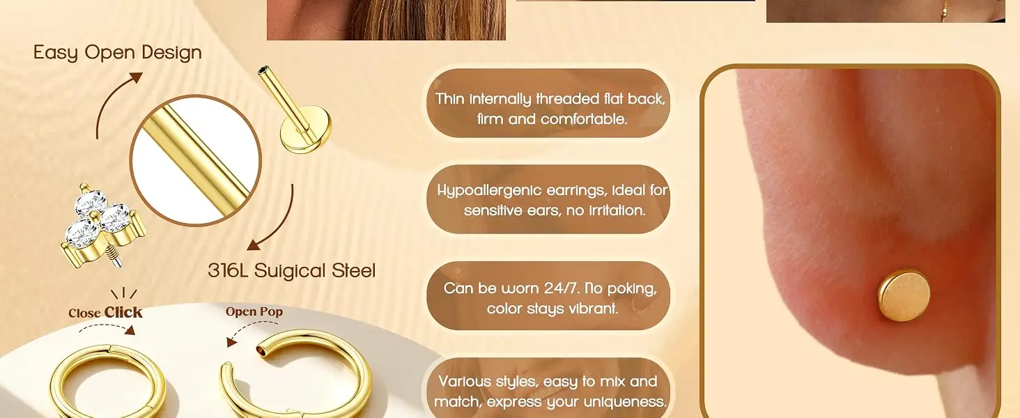 Drperfect 18G Ohrstecker für Frauen aus 316L Chirurgenstahl, flache Rückseite, Nasen-, Tragus-, Labret-, Daith-, Helix-Piercing-Schmuck. – Detail 4