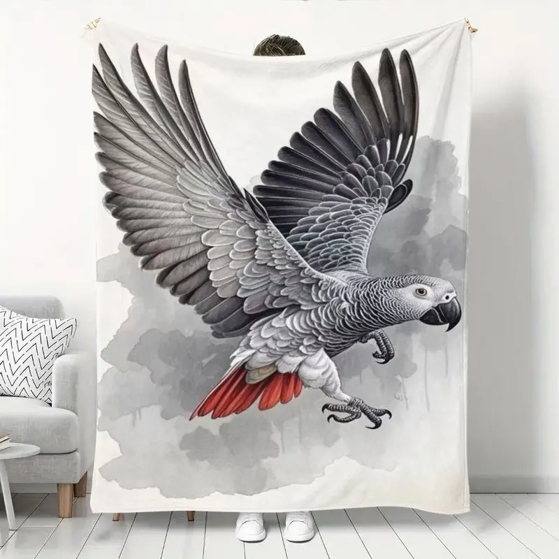 Watercolor Flying African Grey Parrot Flannel Throw Blanket Wild Bird Portrait Pattern Soft Warm Blanket Couch Bed Home Decor