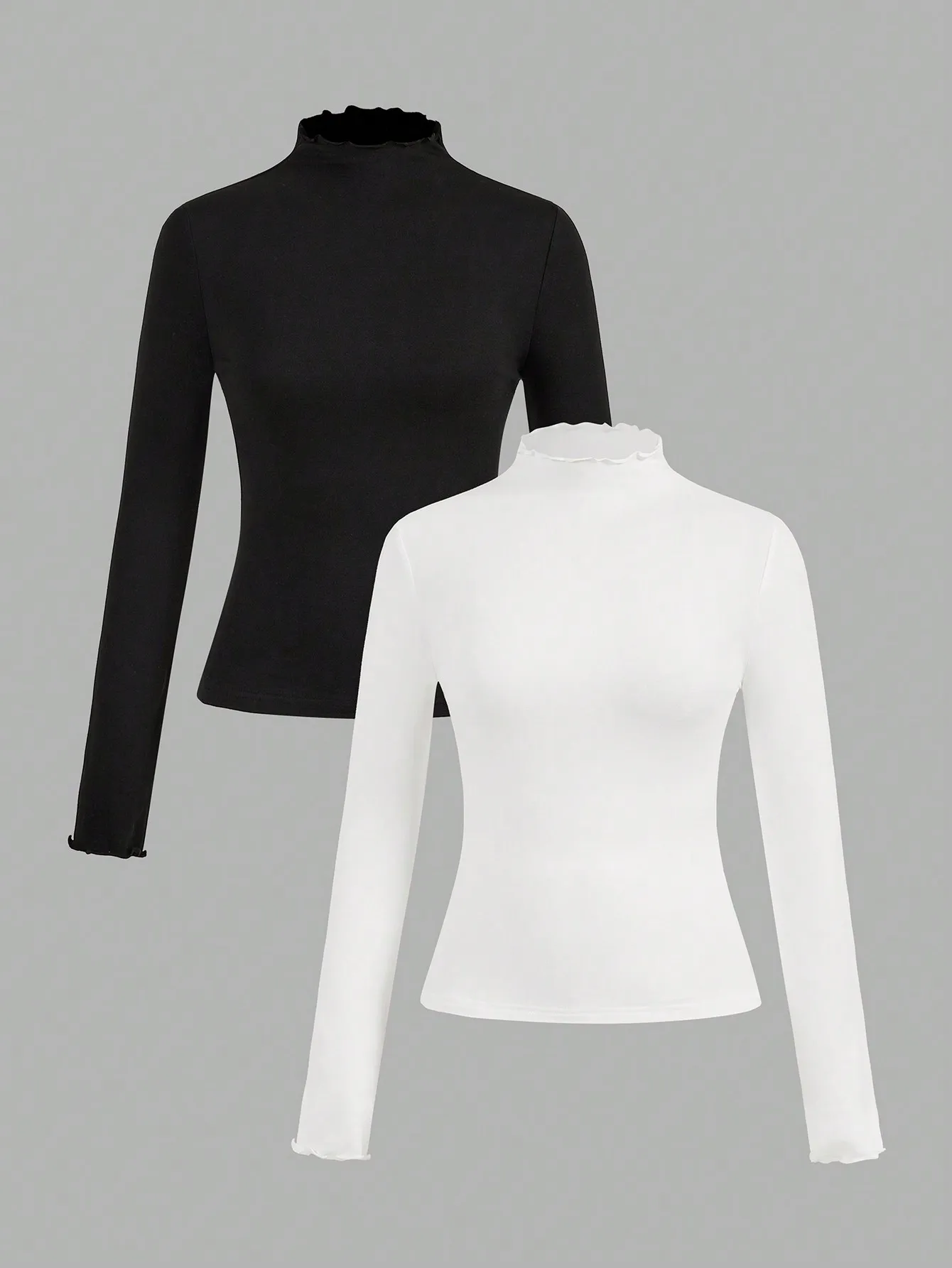

2pcs Women's Ruffled High Neck Long Sleeve Base Layer Tees, Black & White, Slim Fit for Fall/Winter