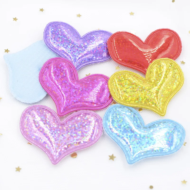 Wholesale 60Pcs Glitter Heart Padded Patches Laser PU Fabric Applique for DIY Girl Hair Band Headbands Ornaments Accessoies