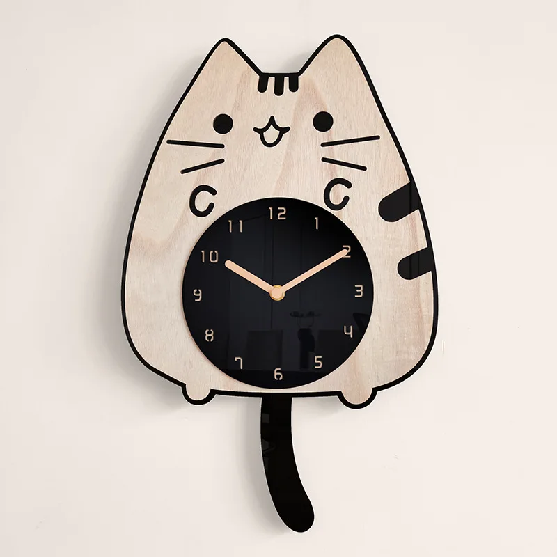 Cat wagging tail wall clock wooden cartoon wall mute children's bedroom creative  swing