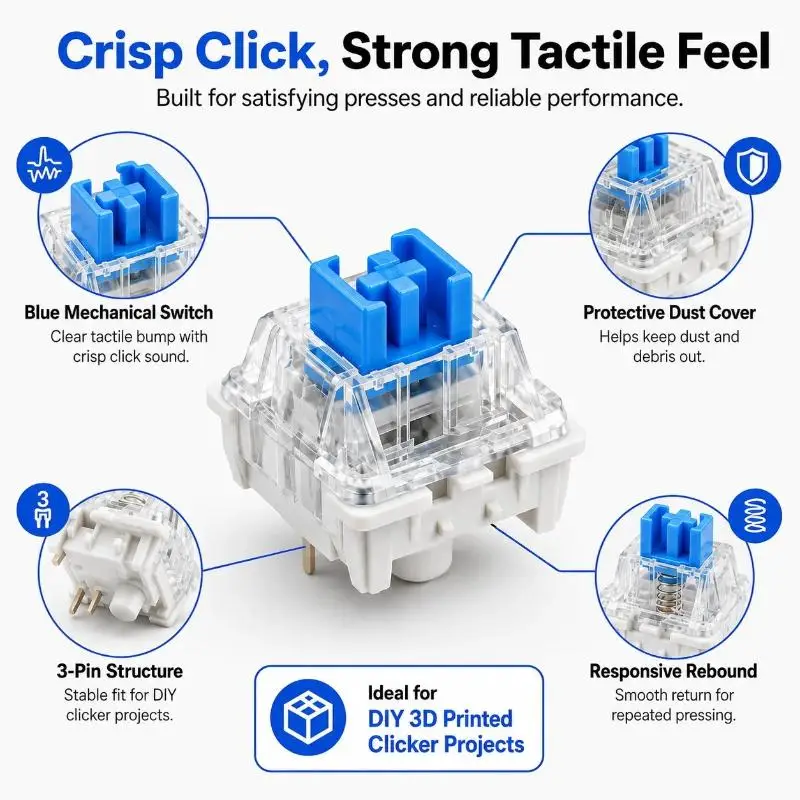 50 Stück blaue mechanische Tastaturschalter, 3-Pin MX-Style Clicky-Schalter mit 10 Schlüsselanhängern für 3D-gedruckte Fidgets – Detail 2