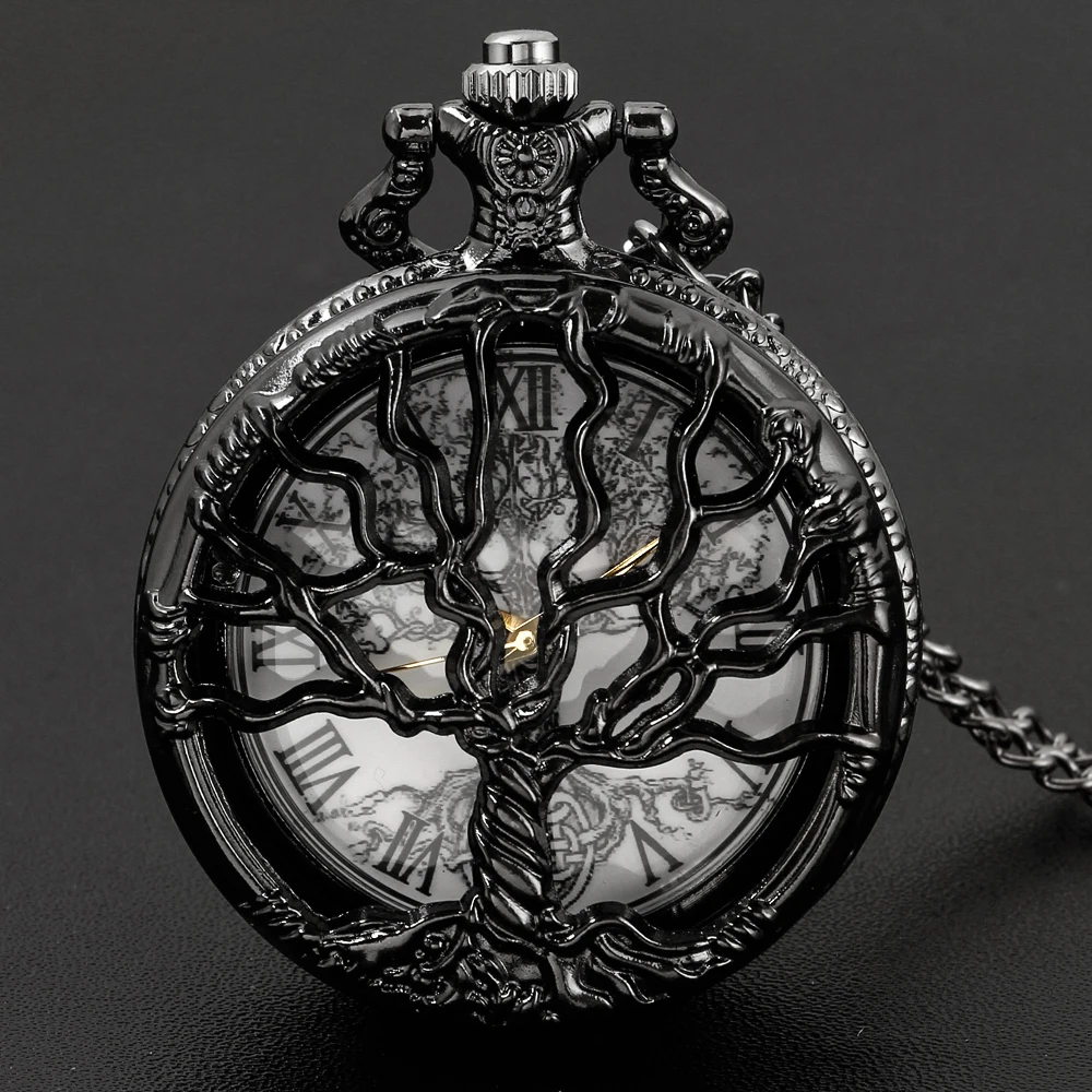 Tree of Life Pattern Sketch Ink Painting Dial Pocket Watch All Black Vintage Necklace Chain Quartz fob Clock reloj