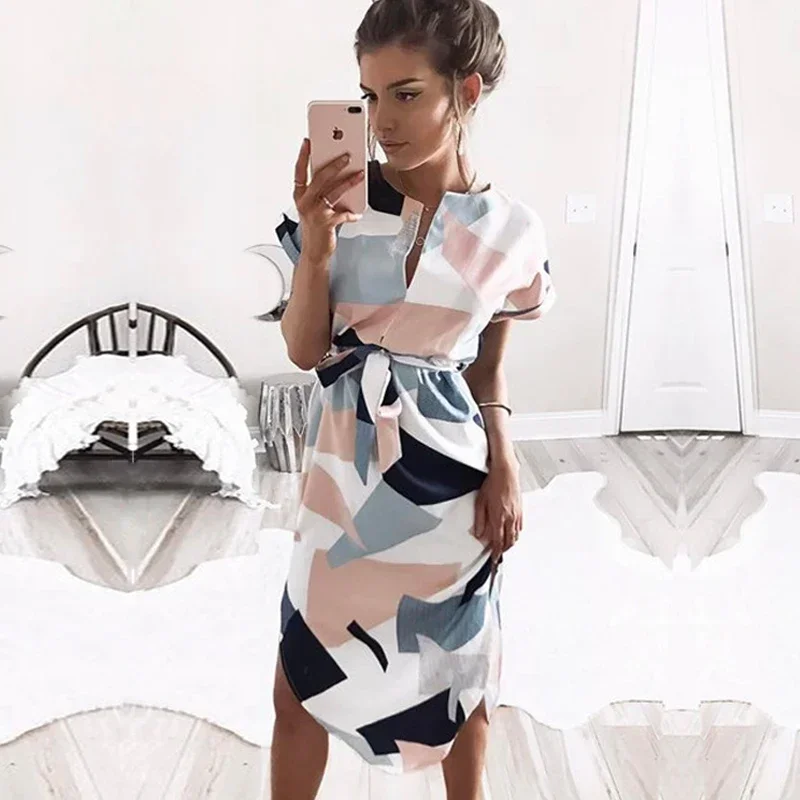 Summer Women Dress Party White Dresses Boho Style Geometric Print Beach Dress With Belt Vestidos de fiesta vestidos de mujer