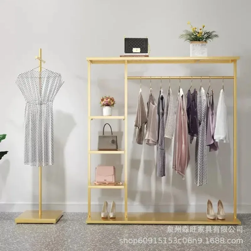 Mobile Garment Display Rack, Gold Clothes Rail W/ Bottom Shoe Shelf & 4 Tier Bags Shelf