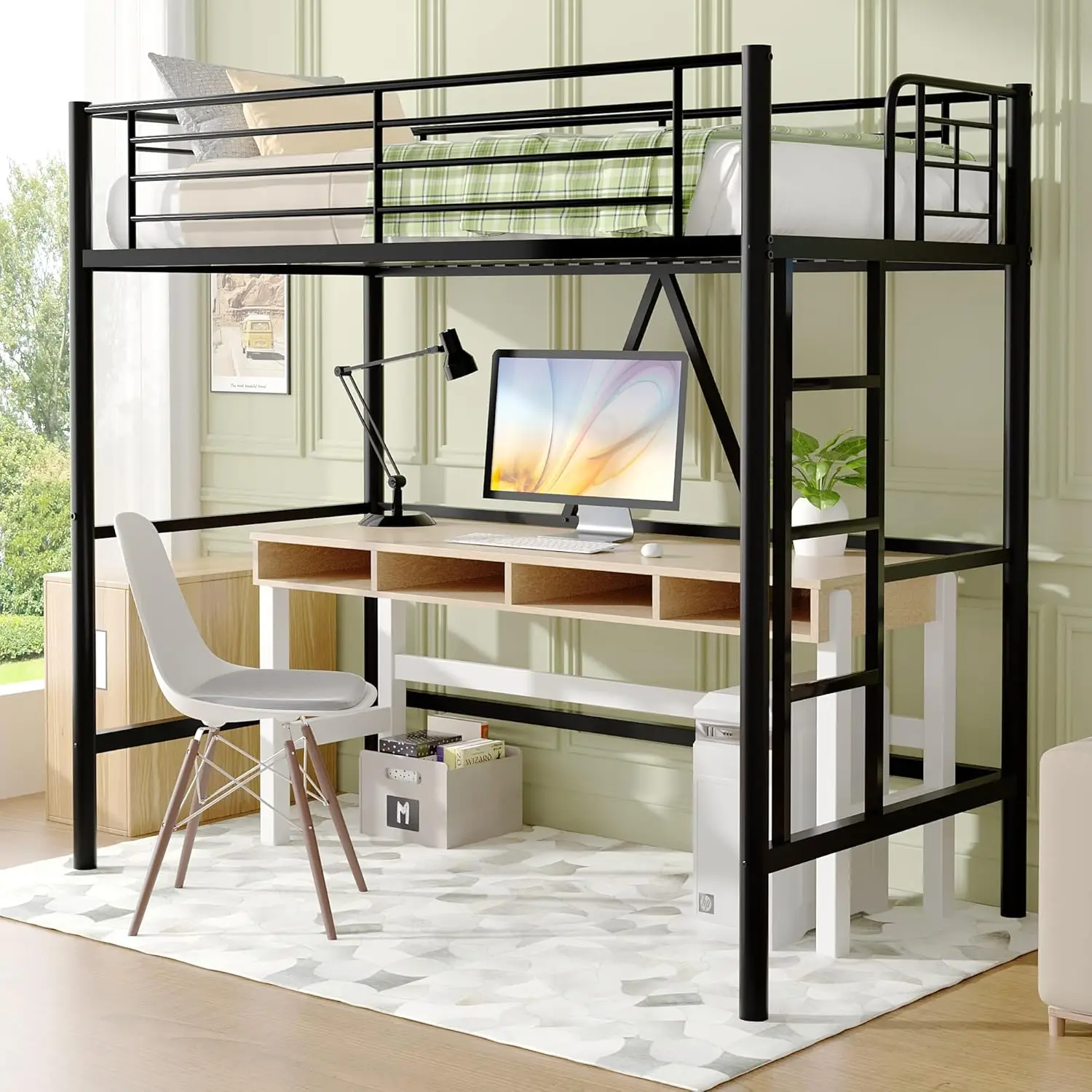 Loft Bed Twin Size, Heavy Duty Bedframe with Removable Ladder and Safety Guardrail, Space-Saving, Noise Free, No Box Spring Need