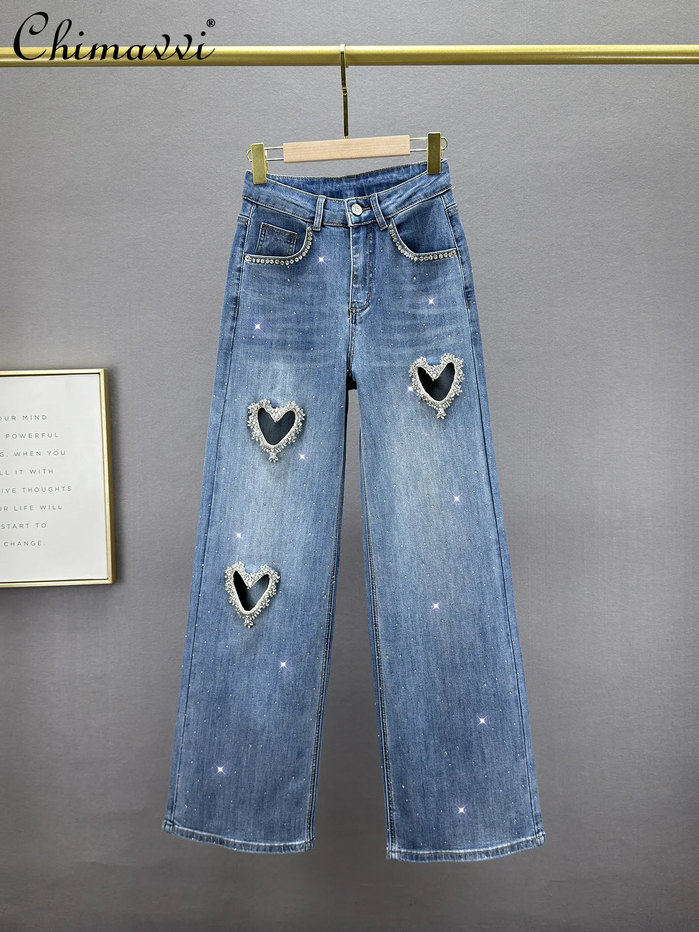 

Heavy Cut Out Diamond Jeans Women's Long Pants 2026 Spring and Summer New Fashion High Waist Slimming Retro Straight-leg Pants