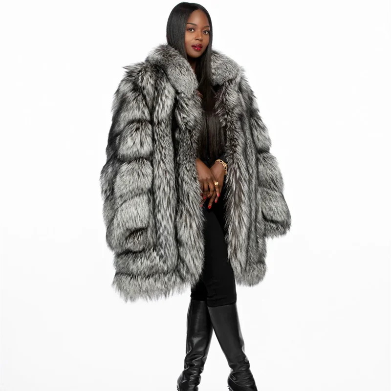 Women's Real Silver Fox Fur Coats Fashion Luxury Natural Fox Fur Thick Overcoat Winter Warm Lapel Genuine Fur Jacket Outwear