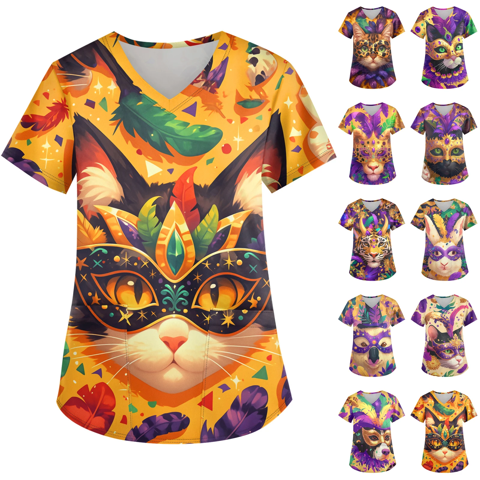 

Women'S Short Sleeved Nursing Uniform Carnival Printed Short Sleeved Nurse Uniform V-Neck Pocket Short Sleeved Nursing Uniform