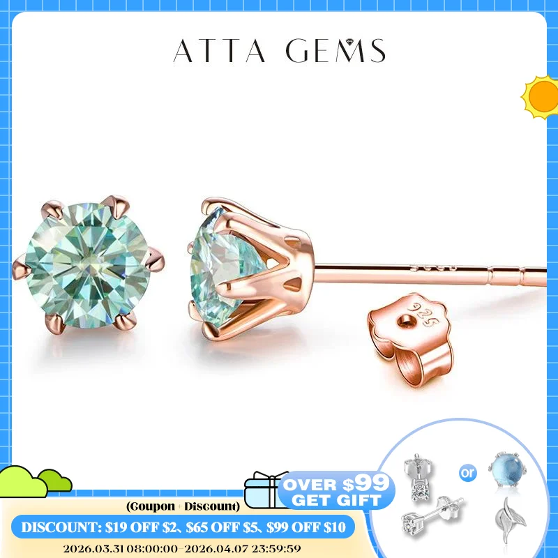 

ATTAGEMS Colored Moissanite Stud Earrings 1ct DVVS1 Round Cut Lab Created Diamond 18K Gold Plated Earring for Women Fine Jewelry