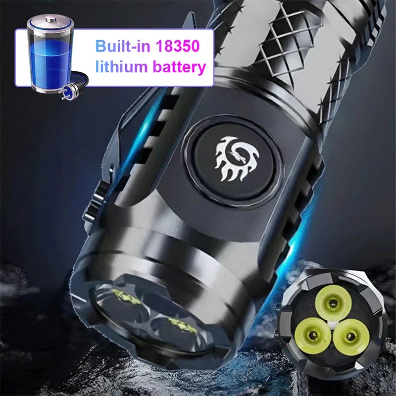 Super Bright 3 LED Flashlight Mini High Lumen Type-C USB Fast Charging Flashlights Outdoor Waterproof Torch Emegency Lights